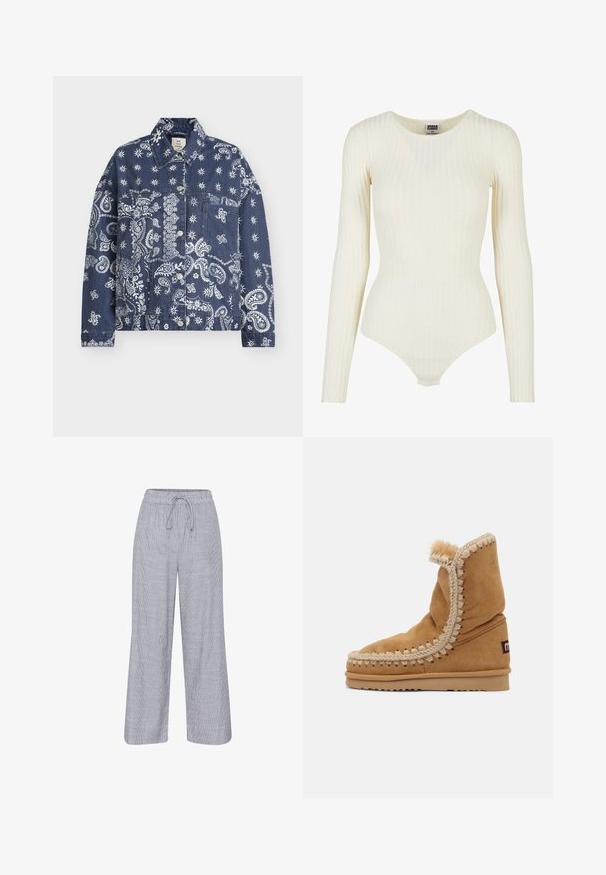 Denimjakke i mørkeblå med hvide paisley- og blomsterprint, med krave, knaplukning og to forlommer.; Langærmet, ribbet bodysuit i blød cremefarvet stof. Har rund halsudskæring og tætsiddende silhuet med en dyb rygudskæring.; Grå og hvidstribet vide bukser med elastisk talje og snor. Letvægtsstof med en afslappet pasform.; Mou Høje støvler/ Støvler - tobacco