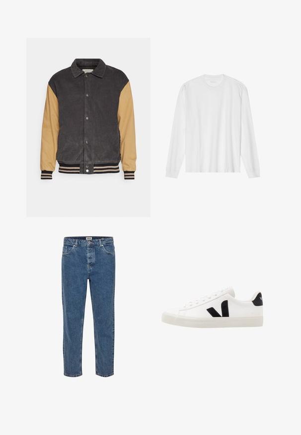 Veste en velours côtelé et tissu lisse avec un corps gris foncé et des manches beige. Elle présente des boutons-pression et des poignets et un ourlet à rayures côtelées.; T-shirt blanc en coton à manches longues avec col rond, doté de poignets côtelés et d'un ourlet droit, texture lisse et design minimaliste.; Jeans en denim bleu à coupe droite. Présente cinq poches, une fermeture à bouton et des coutures contrastées. Le tissu a une texture classique.; Sneaker blanche en cuir avec des accents en daim noir ; dispose d'une semelle en caoutchouc, d'un bout rond et d'un design classique à lacets. Logo latéral en noir.