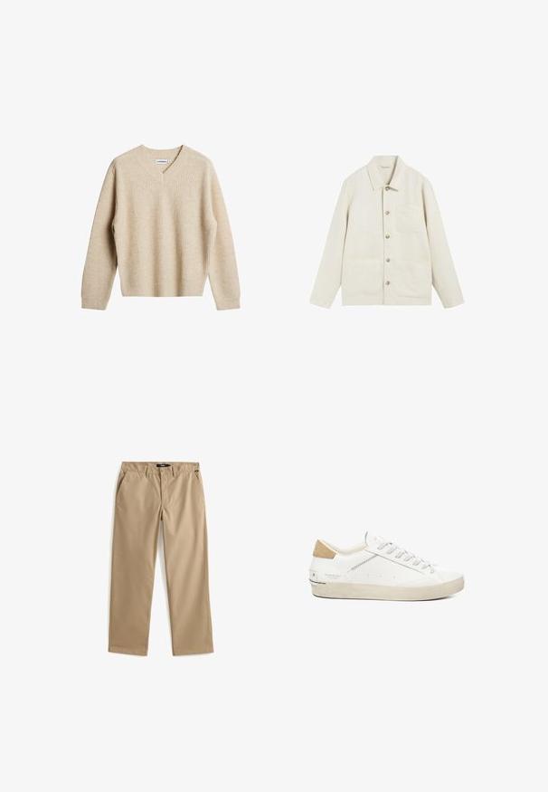 Beige jas met lange mouwen, knopen, kraag en drie voorzakken op een witte achtergrond.; Beige, geribbelde trui met V-hals en lange mouwen. Heeft een ontspannen pasvorm en een gestructureerde stof voor extra warmte en comfort.; Beige rechte broek met knoop- en ritssluiting, ceintuurlussen en zijzakken, plat liggend op een witte achtergrond.; Witte leren sneaker met grijze veters, suède accenten op de hiel, perforaties aan de zijkant en een beige rubberen zool. Minimalistisch ontwerp.