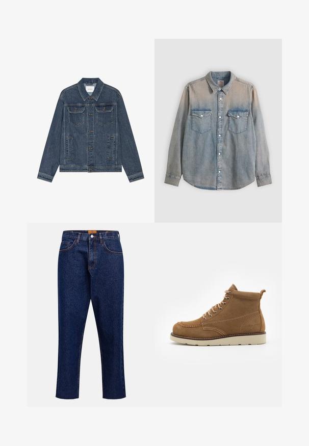 Mørkeblå denimjakke med knaplukning, to brystlommer med klapper og knapper, to sidelommer med slidser, lange ærmer og spidst krave.; Lyseblå, falmet denimskjorte med lange ærmer, krave, knaplukning foran og to brystlommer med knapklap.; Mørkeblå denimjeans med lige snit, høj talje, fem lommer og frynset kant. Kontrastsyning og detalje med knaplukning.; Brune ruskindsankelstøvler med rund tå, snørebånd foran og en beige gummisål, der har subtile syninger og en løkke bagpå.