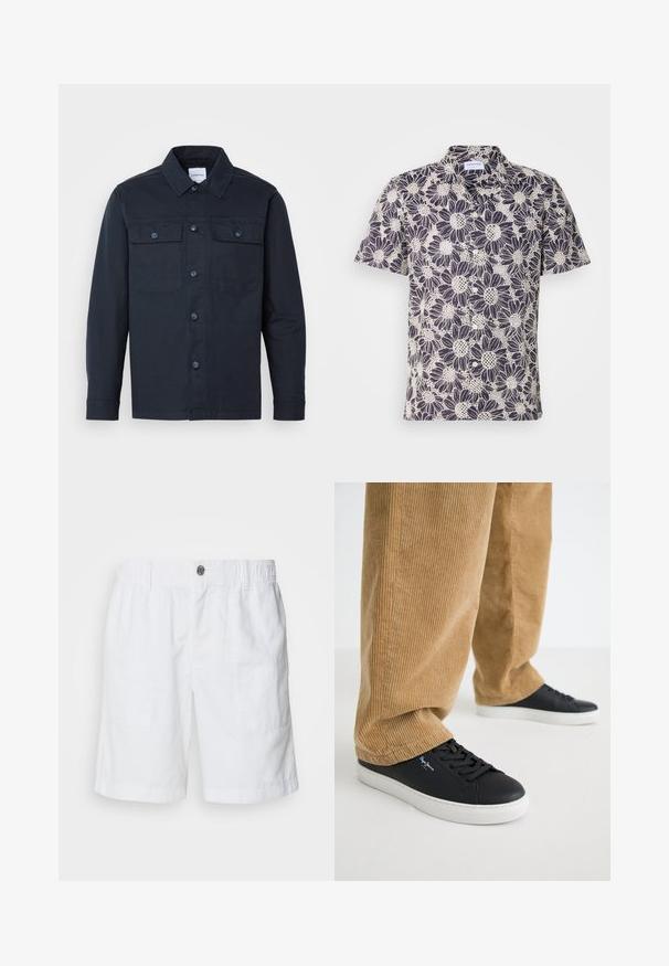 Camisa de botones azul marino hecha de una mezcla de algodón, con dos bolsillos en el pecho y un diseño de cuello clásico.; Camisa de manga corta en azul marino con un patrón floral blanco, con un cuello relajado y cierre de botón. Confeccionada en tela ligera.; Shorts de lino blanco con una cintura elástica y un botón de metal. Presenta dos bolsillos laterales y un diseño de corte relajado.; Zapatillas de cuero negro con suelas de goma blanca. Llevadas con pantalones de pana en color beige, con acanaladuras verticales y un ajuste relajado.