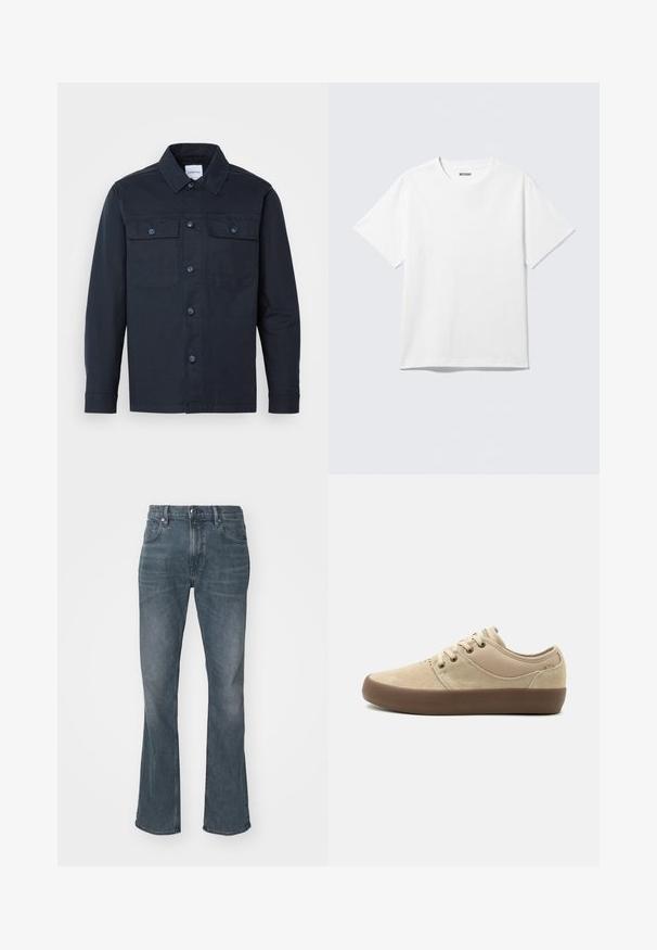 Camisa de botones azul marino hecha de una mezcla de algodón, con dos bolsillos en el pecho y un diseño de cuello clásico.; Camiseta blanca de manga corta con cuello redondo, colocada plana, diseño liso, con etiqueta "WEEKDAY" en el interior del cuello sobre un fondo claro.; Vaqueros de mezclilla azul oscuro con ligero desgaste, corte recto en la pierna, cierre con botón y cremallera, y bolsillos delanteros y traseros.; Deportiva beige de caña baja con parte superior de ante y tela, suela de goma marrón y cordones beige.