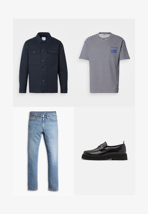 Marineblå button-up skjorte lavet af en blanding af bomuld, med to brystlommer og et klassisk kravedesign.; Scotch & Soda POCKET - T-shirts print - white / navy; Lyseblå denim jeans med straight-leg design, fem lommer, kontrasterende syninger og en knap- og lynlåslukning i taljen.; Sorte læder loafersko i stil med flad, tekstureret sål, med en syet tå og en rem over vristen.