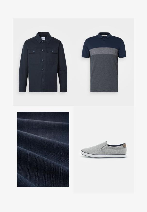 Dunkelblauses Hemd mit Knöpfen, aus einer Baumwollmischung gefertigt, mit zwei Brusttaschen und klassischem Kragendesign.; Marineblaues Polohemd mit einem grau gestreiften Design, mit Kragen, zwei Knöpfen und einem strukturierten Stoff mit kleinen geometrischen Mustern.; Dunkelblaue Denim-Stoff mit geripptem Muster, das Falten und Wellen zeigt und somit sein Gewicht und seine Strapazierfähigkeit betont.; Graue Slipper aus strukturiertem Stoff, mit einer weißen Gummisohle und dunkelblauer Einfassung. Hinterer Akzent in Braun. Schlichtes Design.
