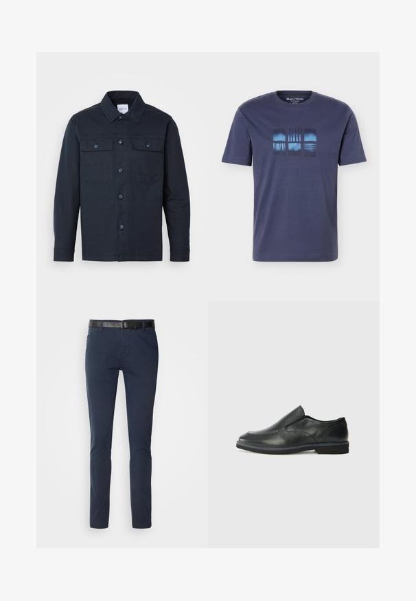 Camisa de botones azul marino hecha de una mezcla de algodón, con dos bolsillos en el pecho y un diseño de cuello clásico.; Camiseta de manga corta de color azul marino con cuello redondo y un gráfico abstracto rectangular en tonos azules y negros en el pecho.; Pantalones de algodón azul marino con corte ajustado, que presentan un cinturón de cuero negro texturizado y bolsillos clásicos. Diseño limpio, sin patrones.; Zapato negro de cuero sin cordones con un upper suave, detalles de costura, punta redonda y un bajo tacón de goma. La suela presenta una tracción mínima.
