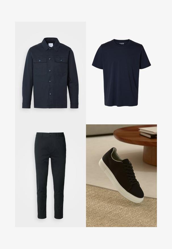 Marineblå button-up skjorte lavet af en blanding af bomuld, med to brystlommer og et klassisk kravedesign.; Simpel marineblå t-shirt med korte ærmer og rund halsudskæring med en lille trykt mærkelabel inde i kraven.; Sorte bukser lavet af bomuld, med et lige ben-design, knaplukning og en glat tekstur uden synlige mønstre.; Sort sneaker med hvid sål svævende over en beige tekstureret tæppe nær et rundt trætabel med stablede bøger.