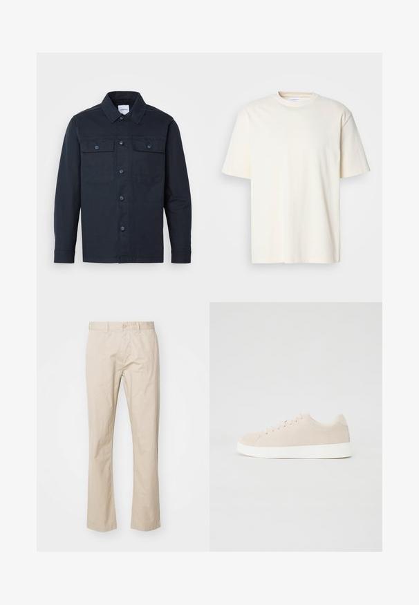 Chemise bleu marine à boutons, fabriquée en mélange de coton, dotée de deux poches poitrine et d'un col classique.; T-shirt uni à col rond, à manches courtes, de couleur blanc cassé, design unisexe, présenté sur un fond gris neutre.; Chinos en coton beige avec une coupe droite, dotés d'une fermeture à bouton et de plis subtils pour ajouter de la texture. Tissu lisse et lignes épurées.; Baskets en daim beige avec semelles en caoutchouc blanc, bout rond et six œillets pour les lacets. Texture lisse avec un design minimaliste.