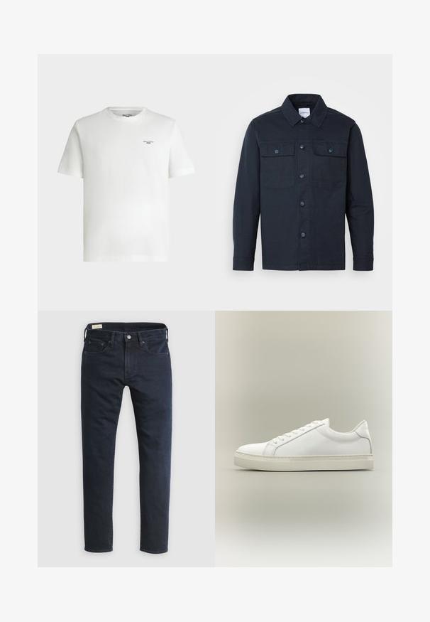 Marineblå button-up skjorte lavet af en blanding af bomuld, med to brystlommer og et klassisk kravedesign.; Hvid kortærmet t-shirt med rund hals og lille sort tekstlogo "Marc O'Polo DENIM" på øverste venstre bryst.; Mørkeblå denimjeans med straight-leg snit, fem-lomme design, frontknaplukning og minimalistiske syningsdetaljer.; Hvid lavtop sneaker med snørebånd foran og tyk sål, vist fra siden mod en neutral baggrund.
