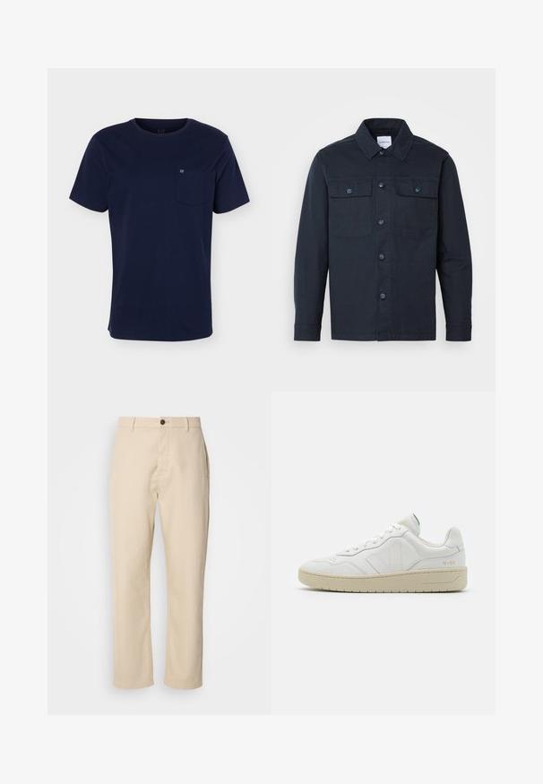Dunkelblauses Hemd mit Knöpfen, aus einer Baumwollmischung gefertigt, mit zwei Brusttaschen und klassischem Kragendesign.; Marineblaues T-Shirt mit kurzen Ärmeln und Rundhalsausschnitt mit einer Brusttasche, die ein kleines Logo auf einfarbigem Hintergrund zeigt.; Beige Baumwollhosen mit geraden Beinen, einem Knopfverschluss vorne, Seitentaschen und einer glatten Textur. Minimalistisches Design, ohne sichtbare Muster.; Weiße Leder-Sneaker mit strukturierter Oberfläche und gepolstertem Kragen. Sie verfügen über eine beigen Gummisohle und dezente Markenkennzeichnung an der Ferse und an der Seite.