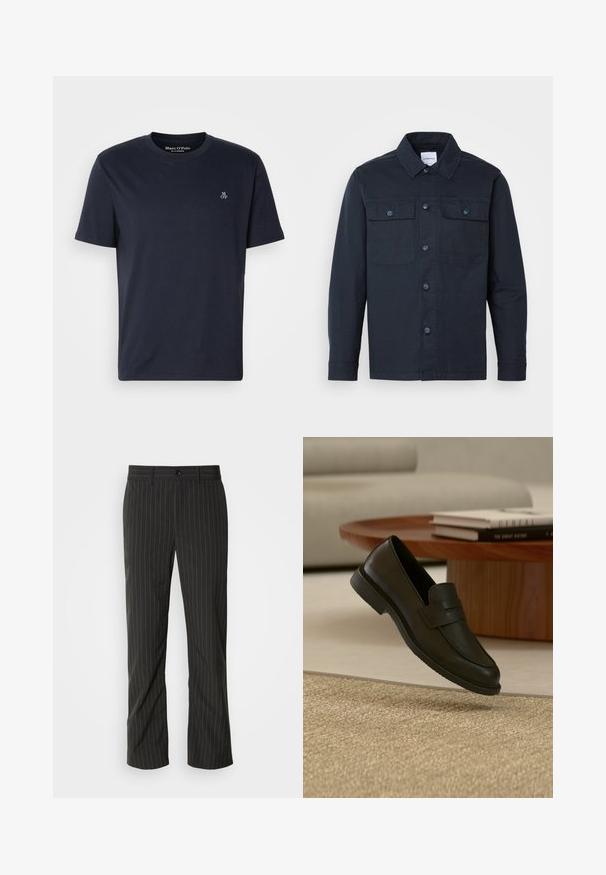 Camisa de botones azul marino hecha de una mezcla de algodón, con dos bolsillos en el pecho y un diseño de cuello clásico.; Camiseta de algodón azul marino de manga corta, con cuello redondo y pequeño logo bordado en el pecho. Textura suave, diseño casual.; Pantalones de rayas negras con corte recto. Presentan una textura suave, cierre frontal con botón y pasadores para cinturón.; Zapato mocasín de cuero negro mostrado en el aire sobre una alfombra beige tejida, con una mesa de madera y libros apilados en una sala de estar con luz suave.