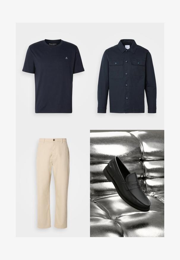 Camisa de botones azul marino hecha de una mezcla de algodón, con dos bolsillos en el pecho y un diseño de cuello clásico.; Camiseta de algodón azul marino de manga corta, con cuello redondo y pequeño logo bordado en el pecho. Textura suave, diseño casual.; Pantalones de algodón beige con piernas rectas, cierre de botón en la parte delantera, bolsillos laterales y una textura suave. Diseño minimalista, sin patrones visibles.; Mocasines de cuero negro con una textura suave, que presentan detalles de costura y un diseño clásico, mostrados sobre un fondo metálico y brillante.