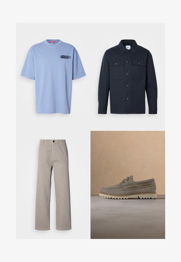 Marineblå button-up skjorte lavet af en blanding af bomuld, med to brystlommer og et klassisk kravedesign.; Lyseblå t-shirt med korte ærmer lavet af bomuld. Har en rund halsudskæring og et sort grafisk motiv af pile på den venstre brystområde.; Beige vide bukser lavet af blødt bomuld, med en knaplukning og bæltestropper. Glat tekstur med et rent, minimalistisk design.; Lysebrun ruskindsloafer med beige snørebånd og robust hvid sål, vist svævende over et beige tæppe i et minimalistisk rum.