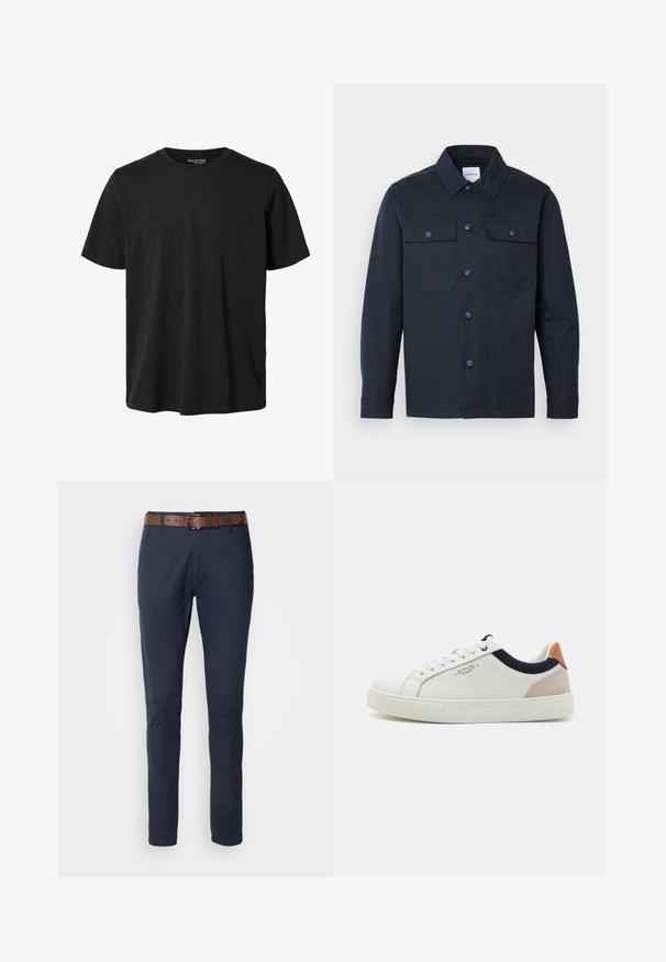 Camisa de botones azul marino hecha de una mezcla de algodón, con dos bolsillos en el pecho y un diseño de cuello clásico.; Camiseta negra lisa de manga corta con cuello redondo, ajuste regular y sin diseño o marca visible en el frente.; Pantalones de algodón azul marino con corte slim, que incluyen un cinturón de cuero marrón, cuatro bolsillos y una textura suave. Diseño minimalista sin patrones.; Zapatillas blancas de cuero con un diseño de caña baja, acento en tela azul marino en el cuello y una lengüeta de talón de ante rosa claro. Suela de goma.