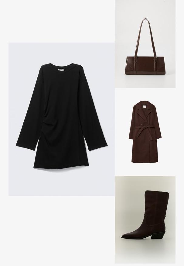Manteau en mélange de laine brun avec un design double boutonnage, col cranté, ceinture à la taille et poches latérales, avec une texture douce.; T-shirt noir à manches longues avec col rond, coupe décontractée et légère fronce sur un côté, présenté à plat sur fond gris clair.; Botte mi-mollet en suède brun foncé avec bout pointu et petit talon bloc incliné sur fond clair uni.; Sac à main en cuir verni marron de forme rectangulaire, avec deux longues poignées et des accents courbés subtils à l'avant.