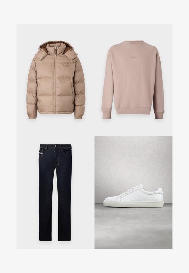 Béžová péřová bunda s kapucňou, so zipsovým zapínaním a golierom na cvoky. Obsahuje horizontálne prešívané vypchávky a diskrétne logo na hrudi.; Tommy Jeans SCRIPT CREW - Mikina - coastal taupe; Tmavomodré denimové rifle so rovný strihom, obsahujúce päť vreciek, kontrastné šitie a kovový gombík na zapínanie.; Biele tenisky s hladkým koženým zvrškom a nízkym profilom. Majú zaoblenú špičku, šesť očiek a štruktúrovanú gumovú podrážku.