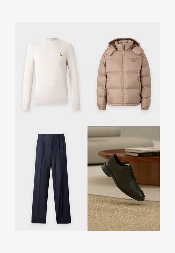 Doudoune beige avec capuche, fermeture éclair et col à boutons-pression. Présente un rembourrage matelassé horizontal et une marque discrète sur la poitrine.; Pull beige clair à manches longues, col rond et ourlet côtelé. Présente un petit logo brodé noir et jaune sur la poitrine.; Pantalons en laine bleu marine avec une coupe ajustée, présentant un devant plissé et des jambes larges. Texture lisse et lignes épurées, adaptés aux occasions formelles.; Chaussure habillée en cuir noir avec des lacets flottant au-dessus d'un tapis texturé beige dans un salon avec une table basse en bois et des livres.