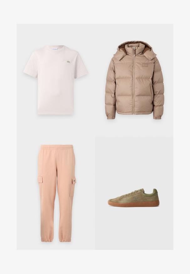 Chaqueta de plumas beige con capucha, cierre de cremallera y collar con botón a presión. Presenta acolchado acolchado horizontal y un sutil logo en el pecho.; Camiseta de algodón rosa claro con cuello redondo, mangas cortas y un logo bordado de Lacoste en verde en el pecho. Textura suave.; Joggers de algodón rosa con cintura elástica, puños acanalados, dos bolsillos laterales y un pequeño parche de logo en uno de los bolsillos.; Zapatilla de ante oliva con suela de goma, punta redonda, cordones planos y un acento de logo en el costado. Diseño sencillo de caña baja.