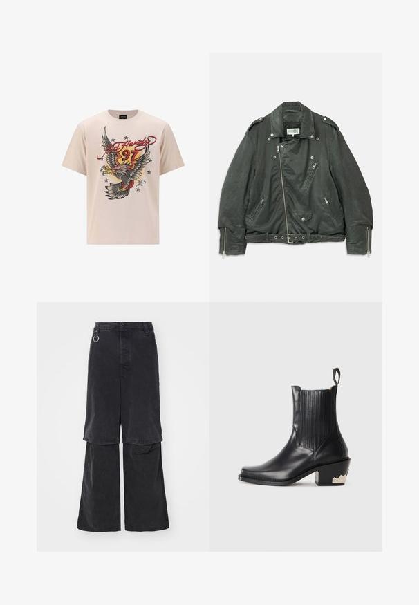 Sort, struktureret læder bikerjakke med en klapkrave, flere lynlåslommer og et bælte i livet. Sølvhardware detaljer.; Beige bomulds t-shirt med et stort ørnergrafik med røde og gule accenter, "Ed Hardy" tekst og stjerner i et struktureret printdesign.; Études NOCTURNE - Jeans Relaxed Fit - black washed; Sorte læder ankelstøvler med elastiske sidepaneler, en spids tå og en skulptureret metallisk hæl med bølgedetaljer. Glat tekstur.