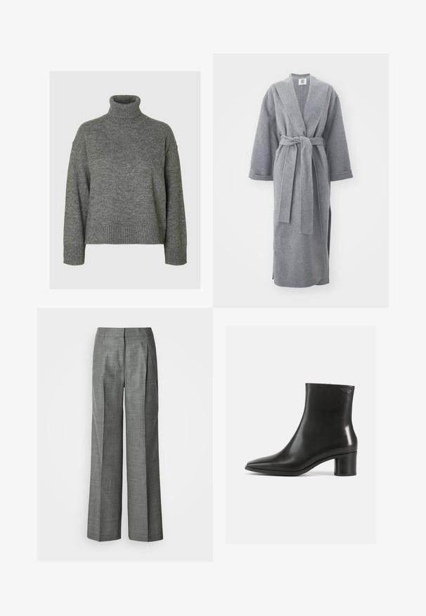Robe de bain en laine grise longue avec un large col, une taille ceinturée et des manches mi-longues. Texture douce et coupe décontractée avec des fentes latérales.; Pull à col roulé gris fabriqué dans un matériau doux et texturé, avec une coupe décontractée. Présente un col, des poignets et un ourlet côtelés. Design simple.; Pantalon gris à jambes larges en tissu texturé, avec des plis, un devant plat et une coupe droite. Pas de poches visibles ni d'ornements.; Bottine en cuir noir avec un bout pointu et un talon bloc de hauteur moyenne. Texture lisse et design minimaliste. Pas de ferrures visibles.