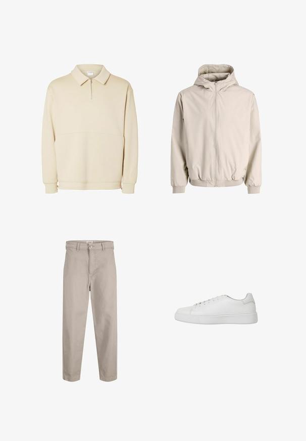 Hele beež kapuutsiga jope esist tõmblukku, elastseid mansette ja allääri; iseloomustab sile, matt kangas ja lihtne disain.; Beige pullover särk pehmest kangast, millel on lukuga kaelus, krae ja vabalt langev lõige koos lihtsa horisontaalse õmbluse detailiga.; Beežid kõrge taljega sirge säärega püksid vöölõngadega, nööpidega kinnitus ja ees taskud, valmistatud sileda puuvillase kangast.; Valged tossud, mis on valmistatud siledast nahast, ümarate varvastega, õmmeldud detailide ja lameda kummist tallaga. Minimalistlik disain, millel on lipsudega kinnitamine.