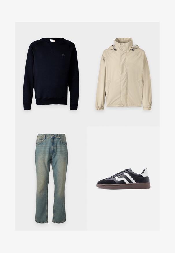 Beige Jacke mit Kapuze, mit durchgehendem Reißverschluss, elastischen Bündchen und Seitentaschen. Hergestellt aus glattem, leichtem Material mit matter Oberfläche.; Schwarzer Sweatshirt aus Baumwollmischung, mit Rundhalsausschnitt, langen Ärmeln, gerippten Bündchen und einem kleinen Logo auf der Brust.; Ausgebleichte blaue Denim-Jeans mit geradem Bein, fünf Taschen und einem Knopfverschluss. Hat subtile hellere Waschdetails.; Schwarze Sneaker aus Velours- und synthetischem Material mit weißen diagonalen Streifen und brauner, strukturierter Sohle. Verfügt über ein Schnürdesign und gepolsterten Kragen.