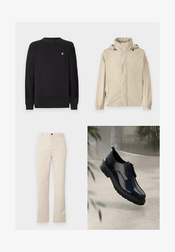 Beige jack met een capuchon, voorzien van een ritssluiting aan de voorkant, elastische manchetten en zijzakken. Gemaakt van gladde, lichte stof met een matte afwerking.; Zwarte longsleeve sweatshirt met ronde hals en lange mouwen, voorzien van een klein wit rond logo op de linkerborst, ribgebreide boorden en onderrand.; Lichtbeige katoenen broek met een rechte pijpdesign, voorzien van een knoopsluiting aan de voorkant, een ritssluiting en minimale stikdetails.; Zwarte leren schoen met een glanzende afwerking, ronde neus, vetersluiting, contrasterende stiksels en een dikke rubberen zool met profielpatronen.