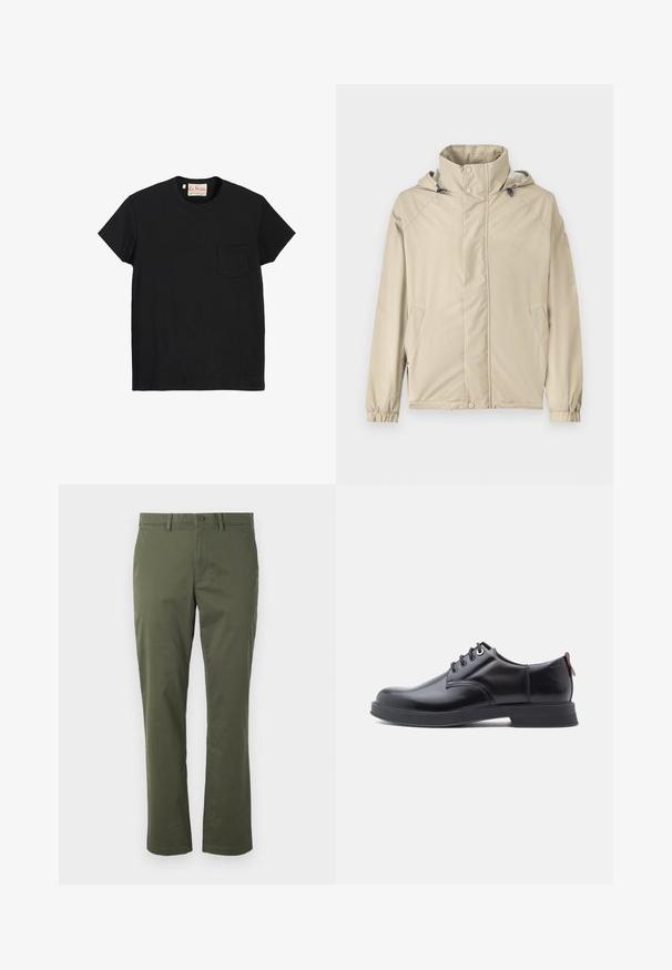 Beige jakke med hætte, der har lynlås foran, elastiske manchetter og sidelommer. Fremstillet af glat, let stof med en mat finish.; Sort bomulds T-shirt med rund hals, korte ærmer og en lomme på venstre bryst. Glat tekstur og minimalistisk design.; Olivengrønne bomuldsbukser med lige pasform, lynlås, knaplukning, bæltestropper og forlommer. Glat tekstur, ingen synlige mønstre.; Sorte snørestøvler i læder med glat tekstur, rundet tå og diskrete syningsdetaljer. Har en rød trækflig på hælen.