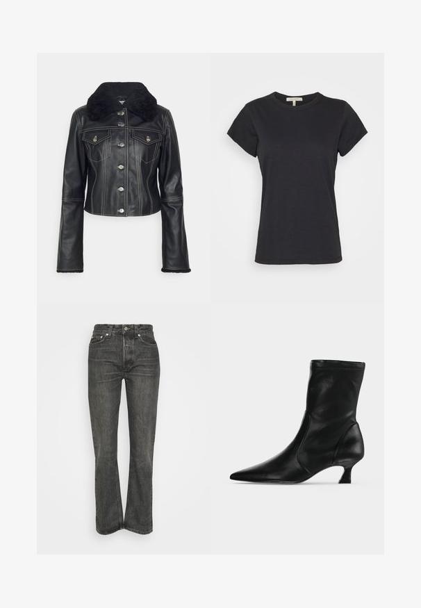 Filippa K JACKET - Læderjakker - black; Sort kortærmet T-shirt lavet af blødt bomuld, med rund halsudskæring og et enkelt, rent design med en let afslappet pasform.; Sorte højtaljede jeans med lige ben. Har klassisk fem-lomme design og sølvhardware. Teksturert denimstof.; Sort læderstøvle til midt på læggen med spids tå og lav kittenhæl, vist fra siden på en ensartet lys baggrund.