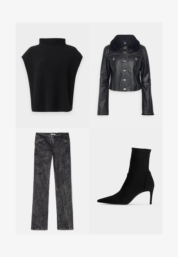 Filippa K JACKET - Δερμάτινο μπουφάν - black; Μαύρο αμάνικο τοπ με ψηλό λαιμό και άνετη εφαρμογή, εμφανίζεται σε λευκό φόντο.; Μαύρο τζιν παντελόνι με φθαρμένη υφή, διαθέτοντας μπροστινές τσέπες, φερμουάρ και ίσια γραμμή.; Μαύρη μποτίνι στον αστράγαλο με μυτερή μύτη και λεπτό ψηλό τακούνι, εμφανίζεται προφίλ σε ανοιχτό φόντο. Κομψός, μινιμαλιστικός σχεδιασμός.