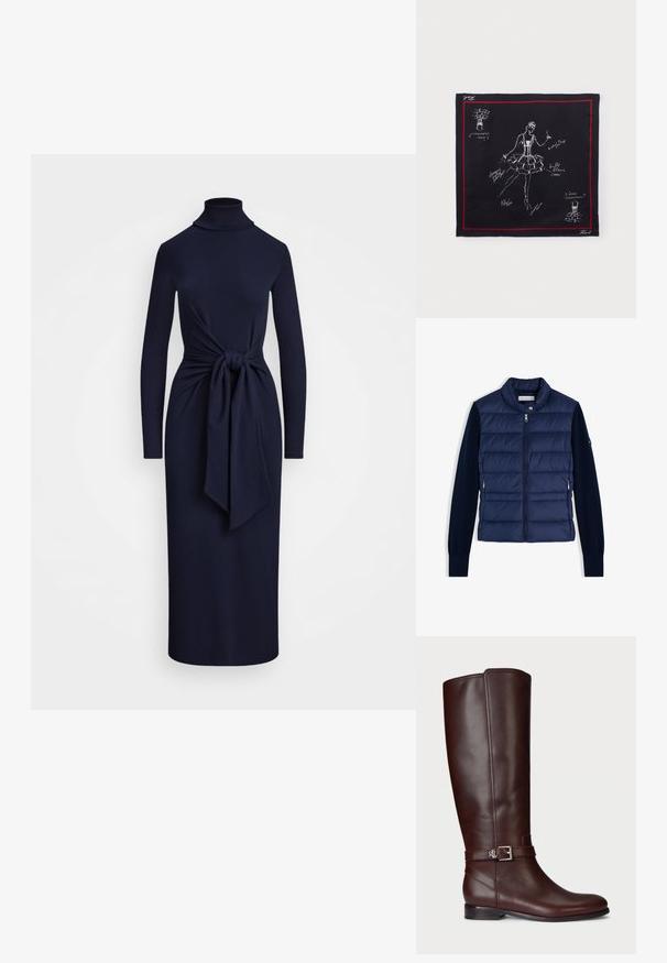 Μπουφάν navy blue καπιτονέ με πλήρες φερμουάρ εμπρός, γιακά όρθιο, μακριά πλεκτά μανίκια και τσέπες με φερμουάρ στο πλάι.; Μαρινό μπλε μακριά φόρεμα μίντι με ψηλό λαιμό και λεπτομέρεια χεριού μπροστά στη μέση, εφαρμοστή σιλουέτα.; Καφέ δερμάτινη μπότα μέχρι το γόνατο με λεία υφή, ασημένια αφαίρεση αγκίστρου και χαμηλό στρώμα τακούνι. Διαθέτει διακριτική γραμμή ραφής.; Μαύρο τετράγωνο μαντήλι με κόκκινη μπορντούρα που περιλαμβάνει λευκά σκίτσα και χειρόγραφα σημειώματα μιας μπαλαρίνας με τουτού και θέσεις μπαλέτου.