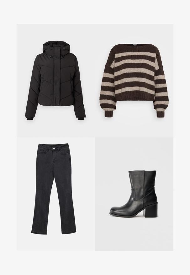 Schwarze Daunenjacke mit hohem Kragen, Kordelzugkapuze, Reißverschlusstaschen und einem gesteppte Design mit diagonalen Nähmustern.; Braun und beige gestreifter, breiter, horizontaler Strickpullover mit langen Ballonärmeln sowie gerippten Bündchen und Saum.; Schwarze gerade geschnittene Jeans mit Vorder- und Gesäßtaschen, Gürtelschlaufen und einem Knopfverschluss an der Taille.; Schwarzer Leder-Stiefelette mit rundlicher Spitze, Seitennähten und einem massiven Blockabsatz. Glatte Textur und minimalistisches Design.