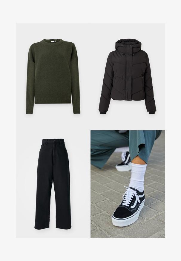Doudoune noire avec un col haut, une capuche avec cordon de serrage, des poches zippées et un design matelassé avec des motifs de couture diagonale.; Pull en tricot vert foncé à col rond, à manches longues, avec des bords côtelés aux poignets et à l'ourlet, présenté sur un fond blanc uni.; Jean noir taille haute à jambes larges avec poches avant et fermeture à bouton, présenté sur un fond blanc uni.; Baskets en suède noir avec des accents et des lacets blancs, présentant une épaisse semelle blanche et des coutures contrastantes, associées à une chaussette blanche.