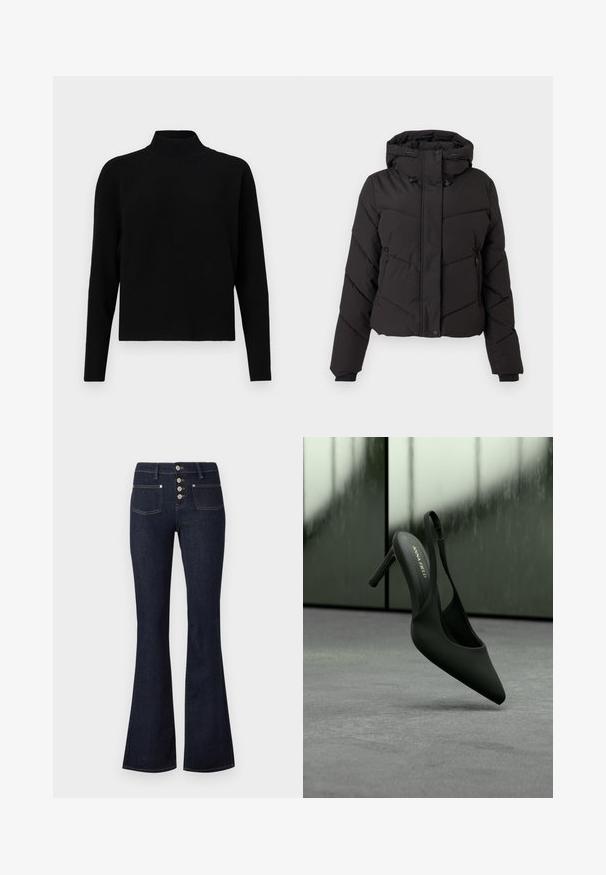 Sort pufferjakke med høj krave, snoretræk ved hætten, lynlåslommer og et quiltet design med diagonale syninger.; JDY Knitted JDYPRIME Knitted - Striktrøje - black; Mørkeblå jeans med høj talje og vidde ben, frontlukning med knapper, to forlommer og gule syninger på en lys baggrund.; Sort slingback sko med høj hæl, spids tå og ankelrem, mærket "ANNA FIELD", svævende let over en grå overflade.