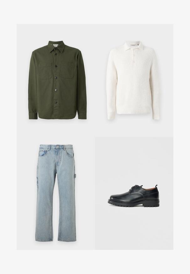 Tume roheline nööbiga särk, mis on valmistatud pehmest kangast, kaelusega, kahe rinnatasku ja mustade nuppudega esiäärisel.; Valge kudumiga pullover, millel on tekstuuriga viimistlus, kraega kaelus ja kolme nupuga detail. Ribikäär ja varrukate ääred lõpetavad disaini.; Heledad sinine denimist cargo püksid lõdva istumisega, küljetaskudega, sirge säärekujundusega ja nähtavate õmblusdetailidega.; Mustad nahast derby kingad, millel on sile tekstuur, ümar varvas, nööpidega sulgemine ja paks, tugev kummist tald.