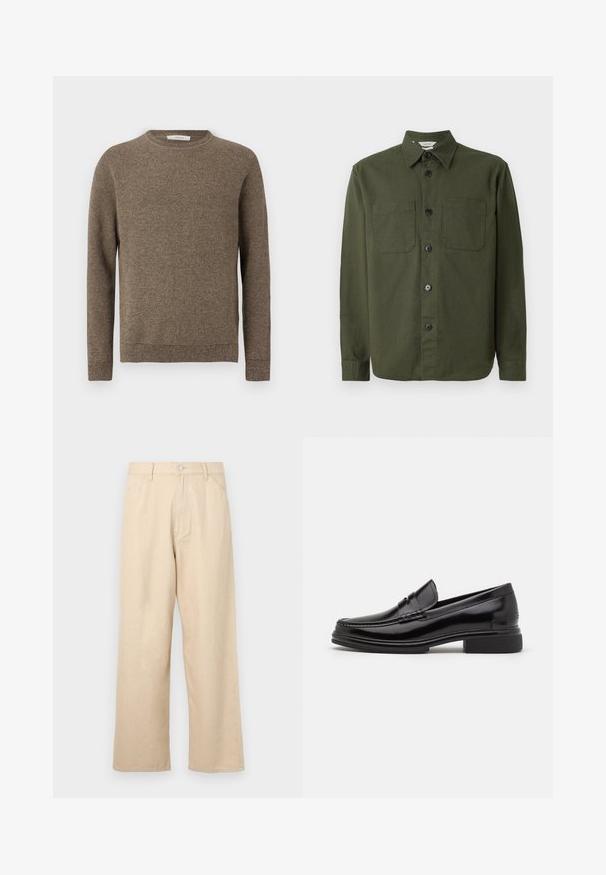 Chemise boutonnée vert foncé en tissu doux, dotée d'un col, de deux poches poitrine et de boutons noirs le long de la patte de boutonnage.; Pull en tricot marron texturé à manches longues avec col rond et poignets et ourlet côtelés.; Pantalons beige à jambes larges en denim avec une finition texturée, dotés d'une fermeture à boutons à l'avant et d'un design classique à cinq poches.; Mocassins en cuir noir avec un embout arrondi, présentant un détail cousu sur le dessus, et un petit talon carré. Texture lisse et finition brillante.