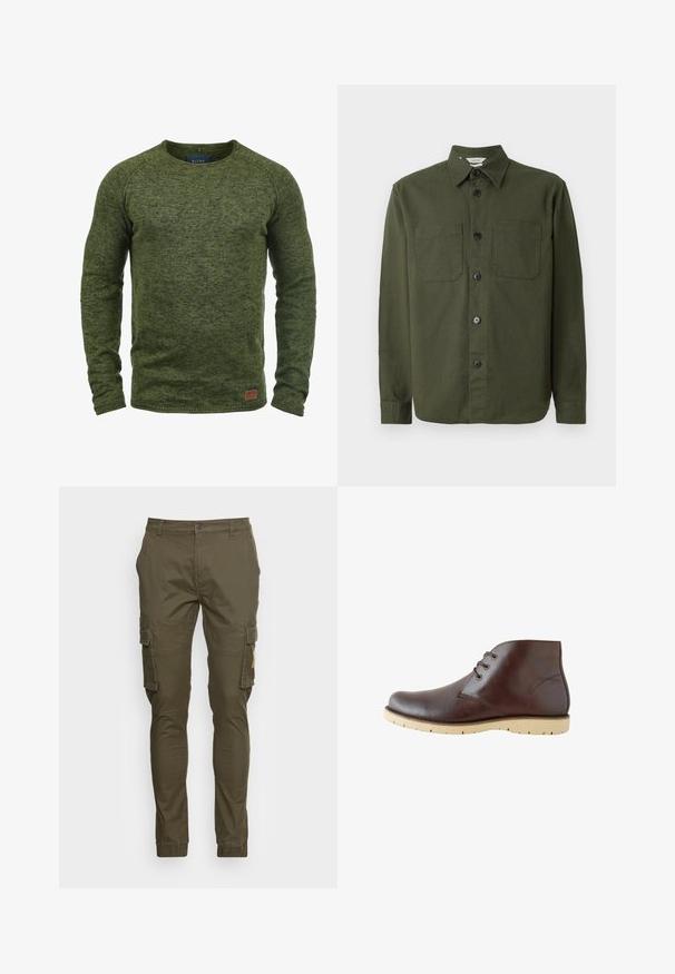 Chemise boutonnée vert foncé en tissu doux, dotée d'un col, de deux poches poitrine et de boutons noirs le long de la patte de boutonnage.; Pull vert en tricot texturé, avec un col rond, des manches longues et un petit patch logo marron en bas à l'avant.; Pantalons cargo vert olive en coton, dotés de poches latérales, d'une coupe slim et d'ourlets à revers. Taille plate avec fermeture à bouton.; Bottines en cuir marron avec une finition lisse, dotées de deux œillets de laçage, d'un bout arrondi et de semelles en caoutchouc léger avec des rainures de traction.