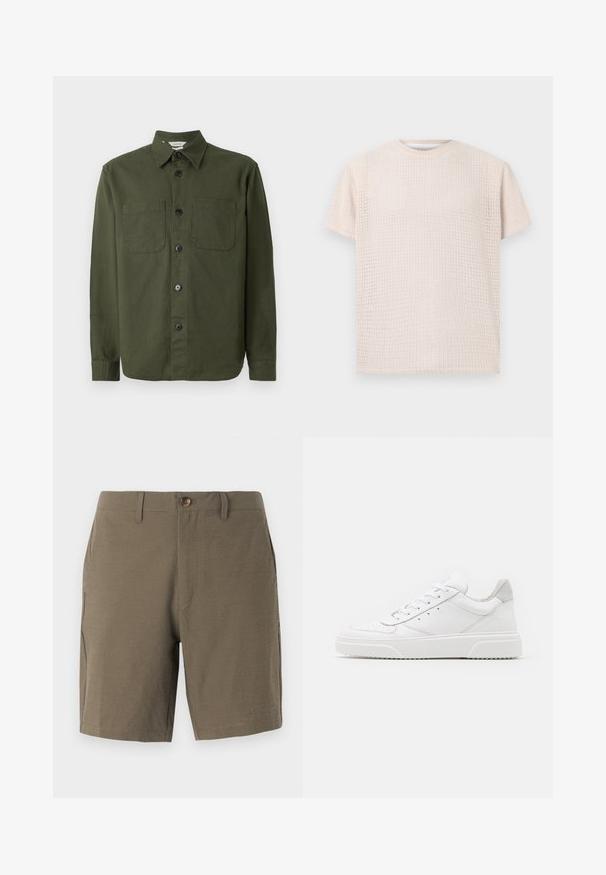 Camisa de botones de color verde oscuro hecha de una tela suave, con cuello, dos bolsillos en el pecho y botones negros a lo largo de la bragueta delantera.; Camiseta de manga corta color beige claro con un patrón texturizado y un corte holgado. Cuello redondo y tela suave, ideal para un uso casual.; Pantalones cortos en verde oliva hechos de un tejido texturizado, con cierre de botón y frente plano, y con bolsillos laterales para mayor funcionalidad.; Zapatillas de cuero blanca con un acabado suave, punta redondeada, cordones planos y una suela texturada. Acento de ante gris en el talón.