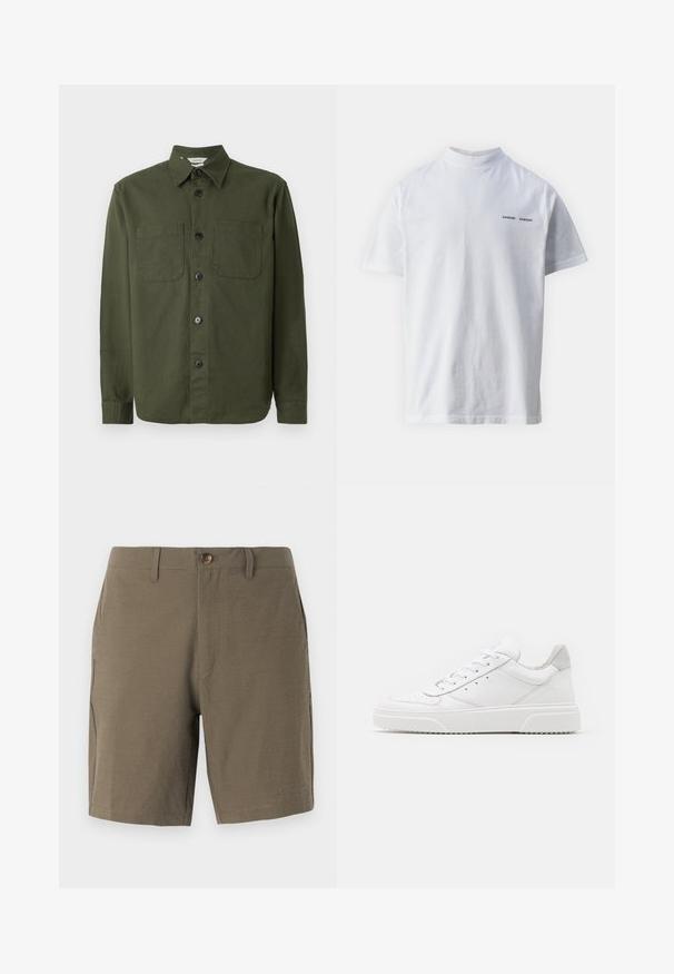 Camisa de botones de color verde oscuro hecha de una tela suave, con cuello, dos bolsillos en el pecho y botones negros a lo largo de la bragueta delantera.; Camisa de algodón blanca con un cuello alto y mangas cortas. Presenta el logo "SAMSØE SAMSØE" en negro en la parte delantera. Textura suave.; Pantalones cortos en verde oliva hechos de un tejido texturizado, con cierre de botón y frente plano, y con bolsillos laterales para mayor funcionalidad.; Zapatillas de cuero blanca con un acabado suave, punta redondeada, cordones planos y una suela texturada. Acento de ante gris en el talón.