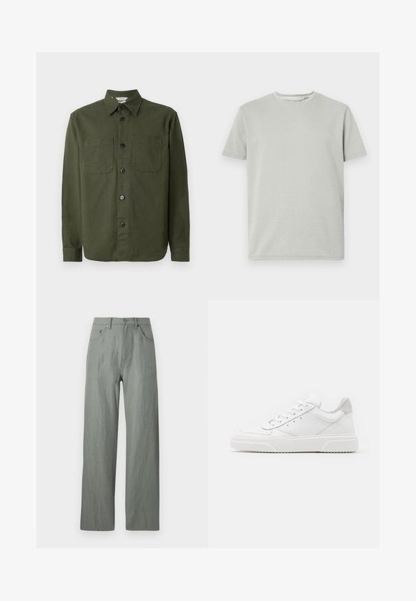 Chemise boutonnée vert foncé en tissu doux, dotée d'un col, de deux poches poitrine et de boutons noirs le long de la patte de boutonnage.; T-shirt gris clair à manches courtes présentant un motif texturé, un col rond et un ourlet droit. Fabriqué en tissu doux et respirant.; Pantalons larges vert clair en tissu texturé doux. Comprend un système de fermeture à bouton à l'avant et cinq poches.; Des baskets en cuir blanc avec une finition lisse, un bout rond, des lacets plats et une semelle texturée. Accents en daim gris au niveau du talon.