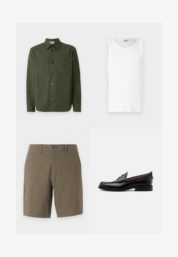 Camisa de botones de color verde oscuro hecha de una tela suave, con cuello, dos bolsillos en el pecho y botones negros a lo largo de la bragueta delantera.; Camiseta sin mangas de algodón blanco con cuello redondo y una textura suave. Diseño sencillo, sin patrones ni acentos.; Pantalones cortos en verde oliva hechos de un tejido texturizado, con cierre de botón y frente plano, y con bolsillos laterales para mayor funcionalidad.; Mocasín de hombre de piel negra con costura moc toe, tira penny, cuello texturizado y tacón bajo apilado sobre fondo blanco.