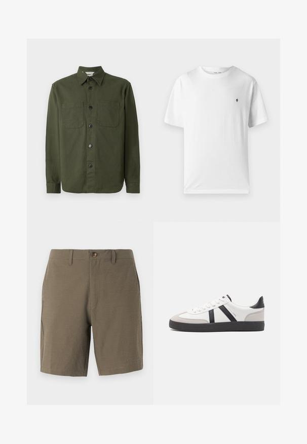 Dunkelgrünes Hemd mit Knöpfen aus weichem Stoff, mit Kragen, zwei Brusttaschen und schwarzen Knöpfen entlang der vorderen Leiste.; Weißes Baumwoll-T-Shirt mit rundem Halsausschnitt, kurzen Ärmeln und einem kleinen schwarzen Logo auf der Brust. Weicher Stoff, lässige Passform.; Olivgrüne Shorts aus strukturiertem Stoff, mit Knopfverschluss und flachem Bund, ausgestattet mit Seitentaschen für Funktionalität.; Weiße Sneaker mit schwarz- und grau-aczenten, ausgestattet mit einer strukturierten grauen Zehenkappe, schwarzer Gummi-Sohle und flachen weißen Schnürsenkeln. Sauberes Design, minimalistische Stil.