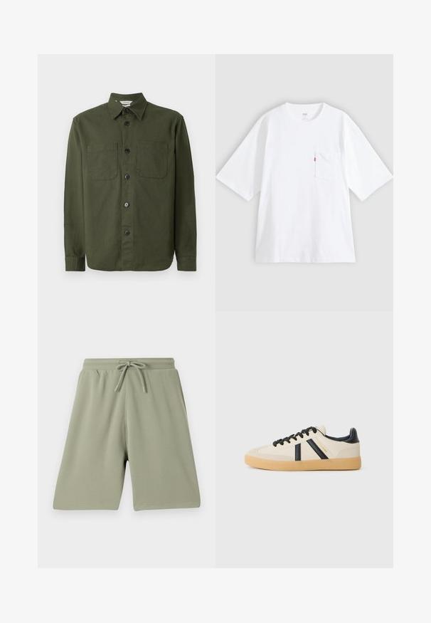 Camisa de botones de color verde oscuro hecha de una tela suave, con cuello, dos bolsillos en el pecho y botones negros a lo largo de la bragueta delantera.; Camiseta blanca de algodón con mangas cortas, cuello redondo y bolsillo en el pecho izquierdo. Presenta una pequeña etiqueta con logo rojo en el bolsillo.; Pantalones cortos verde claro hechos de una tela texturizada con cintura elástica y cordón. Corte recto y diseño hasta la rodilla.; Zapatillas casuales en crema con rayas negras, con parte superior texturizada y suela de goma. Los cordones son negros. Logo sutil en el costado.