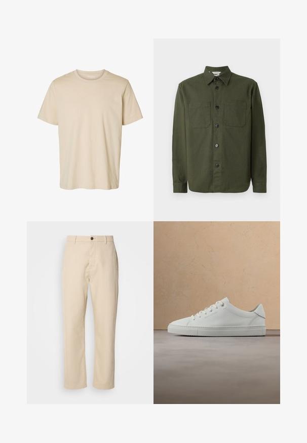 Camisa de botones de color verde oscuro hecha de una tela suave, con cuello, dos bolsillos en el pecho y botones negros a lo largo de la bragueta delantera.; Camiseta beige de manga corta con cuello redondo y diseño sencillo, hecha de tela suave.; Pantalones de algodón beige con piernas rectas, cierre de botón en la parte delantera, bolsillos laterales y una textura suave. Diseño minimalista, sin patrones visibles.; Zapatilla baja de cuero blanco con cordones, suspendida en el aire sobre una alfombra beige texturizada, cerca de una mesa de café redonda de madera con libros.