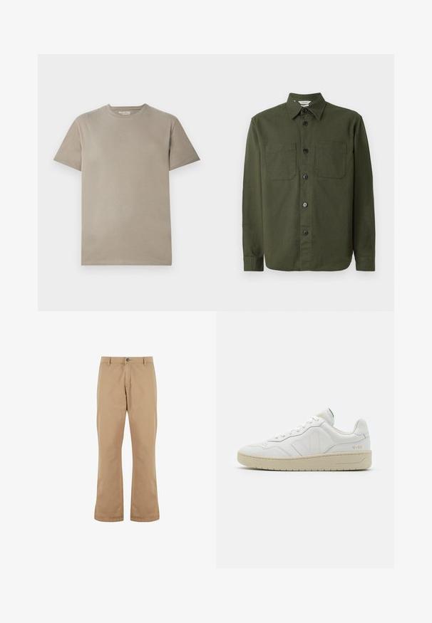 Donkergroene overhemden gemaakt van zachte stof, met een kraag, twee borstzakken en zwarte knopen langs de voorflap.; Korte mouwen T-shirt in lichtbeige katoen, met een ronde halslijn, eenvoudig ontwerp en een gladde textuur zonder zichtbare patronen of accenten.; Beige katoenen broek met een rechte snit, voorzien van een knoopsluiting, zijzakken en een gladde textuur.; Witte leren sneakers met een gestructureerde afwerking en een gevoerde kraag. Voorzien van een beige rubberen zool en subtiele branding op de hiel en zijkant.