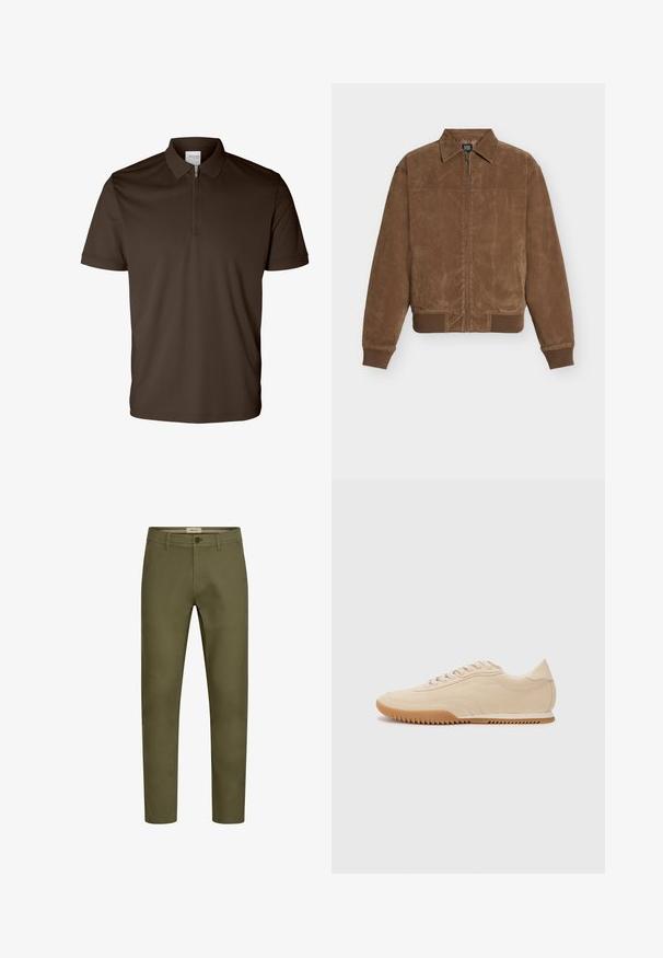 Bruine leren jas met kraag, ritssluiting, zijzakken en geribbelde manchetten en zoom. Glad oppervlak met een strak ontwerp.; Donkerbruine poloshirt met korte mouwen, een kraag en een halve ritssluiting aan de voorkant, weergegeven op een witte achtergrond.; Olijfgroene katoenen broeken met een getailleerd ontwerp, rechte pijpen, subtiele stiksel en een knoopsluiting aan de voorkant. Geen zichtbare zakken.; Beige suede sneakers met een gestroomlijnd ontwerp, voorzien van een textuur bovenwerk, ronde neus en een rubberen zool met een zigzagpatroon.
