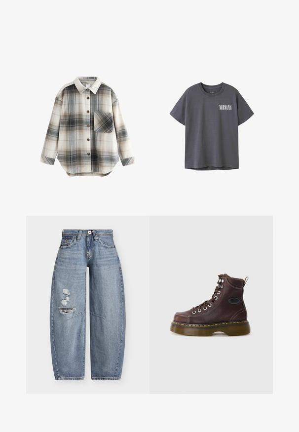 Overhemd met lange mouwen en knopen, met grijs, beige en wit geruit patroon, puntige kraag en één borstzak op een witte achtergrond.; Donkergrijze katoenen t-shirt met korte mouwen en een ronde hals, voorzien van een witte "NIRVANA" graphic op de linkerkant van de borst.; Blauwe denim jeans met wijde pijpen, een hoge taille en versleten scheuren aan de linkerdij, met voorzakken en riemlussen.; Bruine leren enkelboot met een gestructureerd oppervlak, zilveren ogen en gele stiksels. Voorzien van een stevige doorzichtige zool en een trekband.