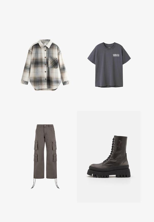Langærmet skjorte med knapper, gråt, beige og hvidt ternet mønster, spidst krave og én brystlomme på hvid baggrund.; Mørkegrå bomulds t-shirt med korte ærmer og rund hals, med et hvidt "NIRVANA" grafik på venstre brystområde.; Cargo bukser i mørkegrå, lavet af kraftigt stof. Har seks lommer, brede ben og justerbare snore i kanten.; Sorte læder ankelstøvler med en kraftig platformsål, rund tå og metaløjer til snøringer. Den teksturerede overflade tilføjer visuel interesse.