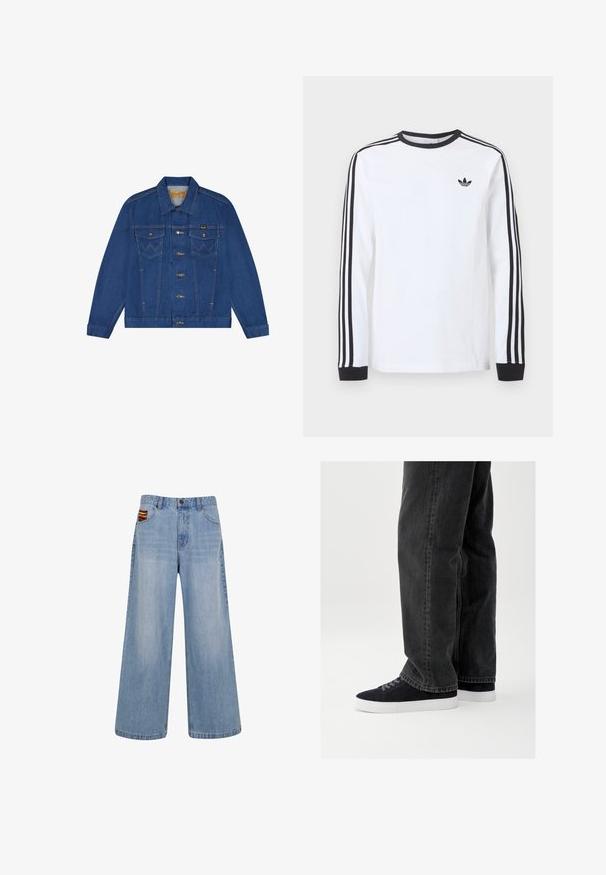 Sininen denimtakki, jossa nappikiinnitys edessä, kaksi rintataskun läppää, kaulus ja Wrangler-logotunniste vasemman rintataskun yläpuolella.; Valkoinen Adidas pitkähihaispaita, jossa musta pyöreä pääntie, mustat hihansuut, kolme mustaa raitaa hihoissa ja musta trefoil-logo rinnassa.; Vaaleansiniset leveälahkeiset farkut korkealla vyötäröllä, ja etuoikeasta taskusta pilkottaa pieni värikäs kudottu yksityiskohta.; Musta denimpan housut rentolla istuvuudella, yhdistettyinä laivastonsinisiin nupukkinahkatennareihin, joissa on valkoiset kumipohjat ja mustat nauhat. Yksinkertainen ja moderni muotoilu.