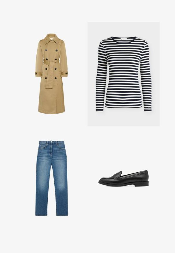 Gabardina larga beige de doble botonadura con botones negros, cuello amplio, cintura con cinturón y puños con botones, mostrada sobre fondo blanco.; Camisa de manga larga con rayas horizontales en azul marino y blanco y cuello redondo, con la marca GANT en el puño de la manga.; Vaqueros azules de corte recto, con botón y cremallera frontal, estilo de cinco bolsillos y detalles sutiles descoloridos en muslos y rodillas.; Mocasines de piel negra con una textura suave, que presentan un detalle trenzado en la parte superior y un tacón bajo y redondeado. Diseño y forma simples.