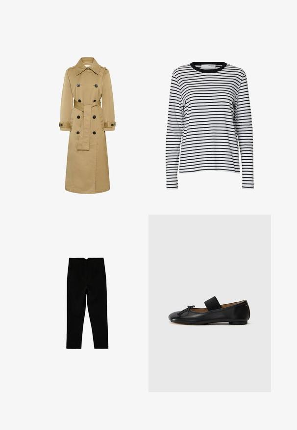 Trench-coat beige long double boutonnage avec boutons noirs, col large, taille ceinturée et poignets boutonnés, présenté sur fond blanc.; Chemise blanche à manches longues avec des rayures horizontales noires et un col rond noir, présentée sur un fond blanc uni.; Pantalon noir sur mesure longueur cheville avec poches latérales et jambe légèrement fuselée, présenté à plat sur un fond blanc.; Ballerines en cuir noir avec un bout arrondi, un petit nœud décoratif et une lanière élastique sur le cou-de-pied pour un maintien sécurisé. Semelle plate.